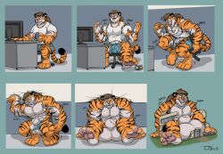 2020 4_toes 5_fingers 6_panel_comic abs animal_genitalia anthro balls balls_expansion balls_on_ground barefoot bennie beverage beverage_can biceps big_balls big_muscles big_sheath biped black_body black_ears black_fur black_stripes blue_bottomwear blue_clothing blue_shorts body_size_growth bottomwear brown_hair building building_destruction chair claws closed_smile clothed clothed_anthro clothed_male clothing comic computer_monitor countershade_arms countershade_face countershade_feet countershade_fur countershade_hands countershade_neck countershade_torso countershading crouching deltoids desk destruction digital_drawing_(artwork) digital_media_(artwork) dipstick_tail english_text expansion featureless_chest feet felid finger_claws fingers fur furniture genital_expansion genitals grass grid_layout growth hair holding_beverage holding_object huge_balls huge_muscles huge_sheath humanoid_hands hyper hyper_balls hyper_genitalia hyper_sheath inside long_hair looking_at_computer looking_at_object looking_down looking_down_at_self macro macro_anthro macro_male male male_anthro mammal markings mouth_closed multicolored_body multicolored_fur muscle_growth muscular muscular_anthro muscular_arms muscular_male nude nude_anthro nude_male office_chair on_chair onomatopoeia open_mouth open_smile orange_body orange_fur outside pantherine pawpads pecs pink_nose pink_pawpads plant quads shaded sheath sheath_expansion shirt shorts signature sitting sitting_on_chair sitting_on_ground six_frame_image size_transformation smile solo sound_effects striped_body striped_fur striped_markings striped_tail stripes t-shirt table tail tail_markings teaselbone teeth text tiger toe_claws toes topwear torn_bottomwear torn_clothing torn_shirt torn_shorts torn_t-shirt torn_topwear transformation triceps whisker_spots white_balls white_body white_clothing white_countershading white_fur white_inner_ear white_sheath white_shirt white_t-shirt white_topwear