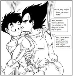 boner clothes cola-kun dragon_ball dragon_ball_z erection gay human interspecies krillin kuririn male male_only monochrome multiple_males vegeta yaoi