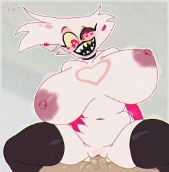 1boy :d absurd_res angel_dust_(hazbin_hotel) balls black_choker black_thighhighs breasts choker chubby colored_skin cowgirl_position female female_angel_dust gold_tooth grabbing_belly grey_background hazbin_hotel heart hi_res highres huge_breasts male navel nipples nude open_mouth outline penis plump pussy red_eyes reverse_cowgirl_position rogue_(artist) rule_63 self_upload sex sex_from_behind sharp_teeth short_hair shortstack simple_background smile solo_focus spread_legs straddling straight teeth testicles thick_thighs thighhighs thighs vaginal_penetration vivienne_medrano white_outline
