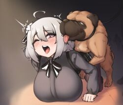 1girls all_fours ambiguous_penetration animal black_skirt blush breasts canine clothed_sex clothing collared_shirt doggy_style female_on_feral feral gray_hair grey_shirt huge_breasts lily_(flower) lily_(spy_kyoushitsu) mounting open_mouth pink_eyes pldf pleasure_face ribbon sex sex_from_behind short_hair shortstack spy_kyoushitsu tongue_out zoophilia