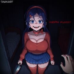 1boy 1boy1girl 1girls accessory ai_generated artist_name bed big_breasts black_hair blood blood_on_face blood_on_knife blue_eyes blue_hair blue_skirt breasts choker cleavage clothed_female_nude_male clothing collarbone covered_nipples crazy_eyes crazy_female crazy_mita crazy_mita_(miside) crazy_smile dialogue doorway english_text eye_contact fangs female female_focus hair_ornament hair_scrunchie hairband hairclip holding holding_knife holding_weapon horror horror_(theme) huge_boobs huge_breasts indoors kitchen_knife knife large_breasts legwear long_hair long_sleeves looking_at_viewer low_twintails male miniskirt miside mita_(miside) open_mouth pleated_skirt pov pov_doorway pov_eye_contact pov_hands red_choker red_hairband red_shirt red_stockings red_thighhighs ribbon ribbon_choker scary scary_face shirt skirt smile solo_focus standing stockings straight sweat tanakaart teeth text thick thick_legs thick_thighs thighhighs twintails weapon wide_hips yandere zettai_ryouiki