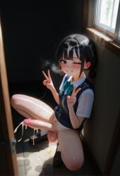 1futa 1girls after_cumshot after_masturbation ai_generated balls black_eyes black_hair blunt_bangs caught caught_in_the_act caught_masturbating cum cum_on_clothes cum_on_glass cum_on_window cum_string devaster dickgirl double_v erection excessive_cum female futanari hand heavy_breathing highres indoors intersex looking_at_viewer low_twintails school_girl school_uniform schoolgirl short_hair skinny_futa skinny_legs slender_body small_breasts squatting teenage_futa teenage_girl teeth veiny_penis vest wink