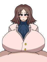 1boy 1girls 3:4 animated beat_banger black_eyes blazer boobjob brown_hair clothed_female_nude_male cs3kv2 gigantic_breasts handsfree_paizuri labcoat light-skinned_female light-skinned_male light_skin looking_at_viewer paizuri paizuri_under_clothes remake satoru_gojo shoko_ieiri straight tired transparent_background vertical_video