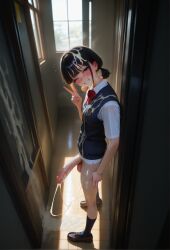 1futa 1girls after_cumshot after_masturbation ai_generated balls black_eyes black_hair blunt_bangs caught caught_in_the_act caught_masturbating cum_on_door cum_on_hair cum_on_wall cum_pool devaster dickgirl excessive_cum female from_side futanari grin hallway hand head_tilt highres indoors intersex looking_at_viewer low_twintails peace_sign school_girl school_uniform schoolgirl short_hair short_sleeves skinny_futa skinny_legs slender_body small_breasts standing steam teenage_futa teeth veiny_penis vest wink yellowish_cum