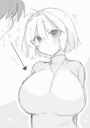 1boy 1girls 2323astronomy ahoge arcueid_brunestud between_breasts big_breasts black_hair blush breast_focus enormous_breasts glasses huge_breasts hyper hyper_breasts large_breasts looking_at_another necklace necklace_between_breasts short_hair sketch sweat tohno_shiki top_heavy trembling tsukihime tsukihime_(remake)