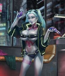 1girls alternate_breast_size bandeau_bikini big_breasts bikini breasts busty cleavage cyberpunk:_edgerunners female female_only firearm gun handgun human jacket large_breasts legs lipstick makeup navel open_clothes open_jacket open_mouth pale_skin rebecca_(edgerunners) smile solo swimsuit tattoo thighs twintails underboob voluptuous weapon