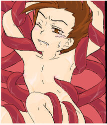 beige_skin brown_eyes brown_hair clenched_teeth color lloyd_irving male nipple_play pixel short_hair solo_focus tales_of_(series) tales_of_symphonia tentacles wink