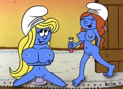 2girls alternate_breast_size helix large_breasts multiple_girls sassette smurf smurfette tagme the_smurfs