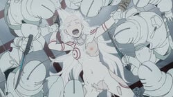 1girls 6+boys 7boys armor bodysuit deadman_wonderland female hair_grab hair_pull imminent_death imminent_rape long_hair male nekomate14_edited nipples pale-skinned_female pale_skin red_eyes shiro_(deadman_wonderland) tagme weapon white_hair white_skin