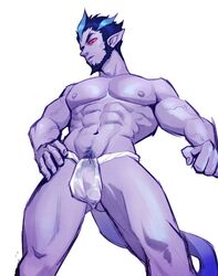 1boy abs aragawa_no_aruji crotch facial_hair male_focus multicolored_hair muscle nipples onmyoji pecs penis pointy_ears purple_skin red_eyes solo topless underwear yaoi