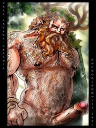 antlers beard cernunnos dchooi deity facial_hair hair hairy horn humanoid long_beard long_hair looking_at_viewer male male_only muscular pecs penis pubes solo tagme