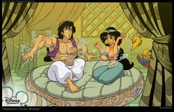 1boy 1girls akabur aladdin aladdin_(1992_disney_film) aladdin_(character) arabian arabian_clothes big_breasts big_penis breast_expansion breasts canon_couple disney disney_prince disney_princess female harem_outfit human iago magic magic_lamp male muscular nipples penis penis_growth princess princess_jasmine text torn_clothes