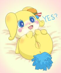 anthro anus bed_sheet bedding blue_eyes blush cocotama dialogue dream_maker_watanabe english_text eyelashes female fur hi_res himitsu_no_cocotama lying on_back open_mouth presenting presenting_pussy pussy saliva solo text tongue yellow_fur