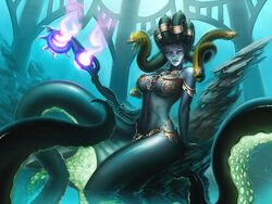 1girls abs blizzard_entertainment dark-skinned_female dark_skin detailed_background female_only glowing_weapon hirajoshiba holding_object holding_weapon living_hair looking_at_viewer magic_staff monster_girl muscular naga partially_submerged queen_azshara skimpy skimpy_clothes staff sunnykoda tentacle tentacles warcraft wet_skin world_of_warcraft