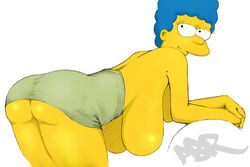 abr ass bent_over blue_hair boner_land breasts closed_mouth clothing color curly_hair dress ears exposed_breasts eyes female female_only hair hanging_breasts human marge_simpson milf mouth open_eyes pbrown round_ears skin solo the_simpsons topless white_background yellow_skin