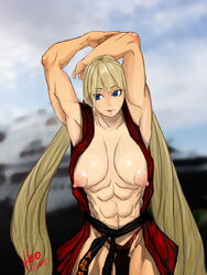 abs beige_skin blonde_hair breasts color exposed_breasts female female_only front_view hair human ken_masters long_hair muscular muscular_female rule_63 skin solo street_fighter