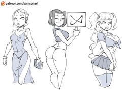 ass backpack bag ben_10 big_breasts breasts crossover female footwear gwen_tennyson human inspector_gadget jackie_chan_adventures jade_chan looking_at_viewer looking_back monochrome patreon penny_gadget samson_00 see-through stockings thong twintails wristwear