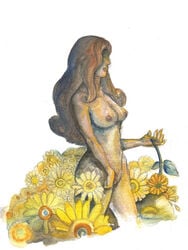 artistic_nude breasts casual_nudity female female_only hinawa human long_hair mother nipples noelle-chan nonsexual_nudity nude side_view solo standing sunflower tagme white_background