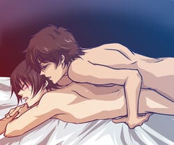 2boys back bare_back bed black_hair blush brown_hair closed_eyes code_geass completely_nude completely_nude_male couple duo eyebrows_visible_through_hair fingering friends half-closed_eyes lelouch_lamperouge looking_at_another love lying lying_on_bed male male/male male_moaning male_on_top male_only moaning moaning_in_pleasure multiple_boys multiple_males nude nude_male on_bed on_stomach open_mouth sex short_hair suzaku_kururugi sweatdrop yaoi