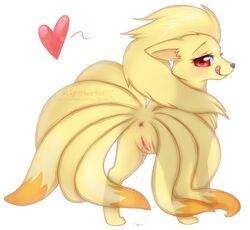 back_view blonde_fur female female_only feral fur furry_ears furry_tail hair heart licking licking_lips lighthearted long_hair looking_back multiple_tails ninetales orange_fur pointy_ears pokemon pokemon_(species) red_eyes solo tagme tail tongue