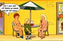 1boy 2girls animated balls ballsack blonde_hair bobby_hill brown_hair clothed_male_nude_female clothing erection female human jerking jerking_off king_of_the_hill long_hair male masturbation mother_and_son nancy_gribble nipples peggy_hill penis penis_out scrotum smooth_penis testicles toony