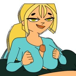 1boy 1girls animated big_breasts bimbo blonde_hair breast_focus breasts bridgette_(tdi) busty female huge_breasts looking_at_viewer male outercourse paizuri paizuri_over_clothes penis straight titfuck titjob total_drama_island transparent_background vanilladream34 yellow_eyes