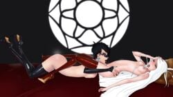 2girls ass bayonetta bayonetta_(character) bayonetta_2 black_hair blue_eyes breast closed_eyes cunnilingus earrings elbow_gloves female female_only gloves hand_on_head hand_on_hip hand_on_own_head high_heels jeanne_(bayonetta) laying_down long_hair moaning multiple_girls nail_polish nipples nude on_back on_stomach oral partially_clothed pubic_hair pussy_juice pussy_juice_trail saliva saliva_trail shiny_clothes short_hair skottichan teal_eyes thighhighs very_long_hair white_hair yuri