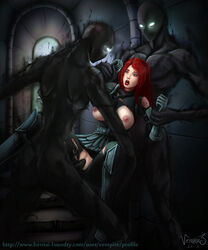 arm_grab armor blue_eyes breasts clothed_sex clothing demon's_souls female fromsoftware hair interspecies large_breasts long_hair male minyerva monster monster_rape open_mouth penetration penis pussy rape red_hair restrained shadowlurker spread_legs torn_clothes uncensored vaginal_penetration vempire