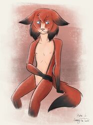 2018 4_fingers anthro canine cuntboy feline fox fur hair hi_res hybrid intersex lynx mammal multicolored_fur nipples nude petey_boye pussy ryosko sammy_the_tanuki simple_background smile solo