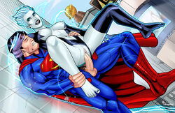 1boy 1girls alien areolae barefoot black_hair blue_hair blue_nipples blue_skin city dc electricity electrocution erect_nipples flying livewire nipples outdoors outside pain public rhaydar sky sparks straight superman superman_(series) thighhighs villain white_hair white_skin