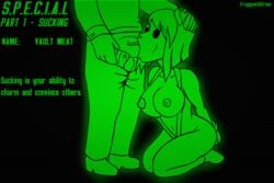 1boy 1girls animated animated_gif bodysuit breasts clothing fallout fallout_4 fellatio froggywithfries gif hand_on_head human jumpsuit kneeling large_breasts male mob_face nipples oral penis short_hair standing straight vault_girl vault_meat vault_suit