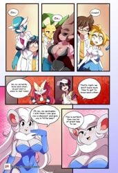 anthrofied blushing_female braixen bray_(lucyfercomic) cincci_(lucyfercomic) cinccino cleavage colette_(inarifox) comic dr._voir furry gardevoir hotel hybrid_pokemon jirachi kaito_(inarifox) leafeon lopunny lucyfercomic male_human/female_pokemon nanosheep pokemon pokemon_(species) pokemon_trainer speech_bubbles