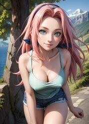 1girls 2d ai_generated athletic athletic_female bare_shoulders belly big_ass boruto:_naruto_next_generations chest cleavage curvy curvy_figure cute cute_face detailed dolphin_shorts eyelashes eyeshadow female female_only fit fit_female focus green_eyes hair_band hair_ornament high_quality legs light-skinned_female light_skin lips lipstick long_hair looking_at_viewer makeup mascara mature medium_breasts midriff naked naruto naruto_(classic) naruto_(series) naruto_shippuden navel nero100 pale-skinned_female pale_skin petite petite_body pink_hair posing sakura_haruno sakura_haruno(genin) seductive seductive_look shorts skin_tight smile stable_diffusion tagme tank_top thighs young younger_female