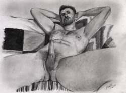 average_body bed_buddy birthday_suit gay_male hairy_chest hairy_male handdrawn handdrawn_art laying_on_back laying_on_bed male male_only naked_male pencil pencil_(artwork) pencil_sketch self_upload sketch sketches_by_adab