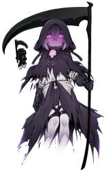 bandaged_arm bandages black_cloak black_gloves black_skirt cloak contrapposto female gloves glowing glowing_eyes grey_hair highres holding holding_scythe hood hood_up hooded_cloak jewelry looking_at_viewer midriff multiple_views navel necklace no_feet nyong_nyong petite purple_eyes purple_skin pussy reaper_(terraria) reference_inset scythe short_hair simple_background skirt skull small_breasts strap terraria thigh_strap torn_clothes white_background