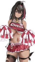 1girls ahoge bangs bay_(nikke) big_breasts breasts brown_eyes cheerleader cheerleader_uniform choker cleavage cowbell dark-skinned_female dark_hair dark_skin elvandec female female_only goddess_of_victory:_nikke hair_intakes hairband long_hair looking_at_viewer miniskirt mole mole_on_breast mole_on_stomach nervous nervous_smile nervous_sweat pom_poms ponytail sweat sweat_on_breasts thighhighs thighs thong torn_legwear twitter_username two_tone_hair underboob white_background