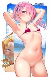 1boy aqua_eyes armpits arms_behind_back beach bikini bikini_top blonde_hair blue_sky blush bottomless breasts clenched_teeth commentary contrapposto cowboy_shot english_commentary english_text female garfiel_tinsel grin hair_over_one_eye hair_ribbon highres lewdishsnail maid_headdress mouth_hold navel ocean outdoors partially_clothed pink_hair purple_ribbon pussy ram_(re:zero) re:zero_kara_hajimeru_isekai_seikatsu red_bikini ribbon sharp_teeth short_hair sky small_breasts smile swimsuit teeth thighs uncensored