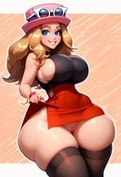 ai_generated blonde_hair bubble_butt eclr huge_ass huge_breasts lifting_skirt nintendo no_panties pokemon pussy serena_(pokemon) sideboob thick_thighs thighhighs thin_waist