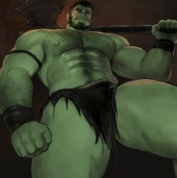 1boy abs bara beard biceps big_muscles big_pecs black_hair black_loincloth body_hair buff bulge dopq facial_hair fangs fangs_out green_body green_skin hair hairy hairy_abs hairy_arms hairy_chest hairy_male hairy_stomach hairy_thighs hi_res holding_object holding_weapon humanoid loincloth loincloth_only looking_at_viewer looking_down looking_down_at_viewer low-angle_view male male_chest male_only manly masculine mature mature_male muscles muscular muscular_humanoid muscular_male muscular_thighs nipples orc pecs pectorals scar scar_across_eye six_pack solo solo_focus solo_male teeth thick_eyebrows thick_thighs underwear underwear_only worm's-eye_view