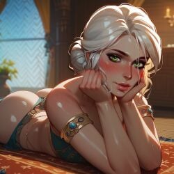 ai_generated blush ciri concubine green_eyes harem_outfit l-major light-skinned_female rug the_witcher_(series) the_witcher_3:_wild_hunt white_hair