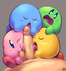 2015 5boys alien balls blush closed_eyes cute dicksucking_creature erection faceless_male fellatio gangbang group group_sex highres human kirby kirby_(series) larger_male licking male male_pov mammal multiple_boys nintendo nude one_eye_closed open_mouth oral penis penis_lick pov sex signature simple_background sitting size_difference smaller_male testicle_sucking testicles tongue tongue_out torrentialkake uncensored waddling_head wink yaoi