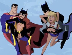 2boys 2girls all_fours anal anal_sex barbara_gordon batgirl batman batman:_the_animated_series batman_(series) bent_over blonde_hair blue_eyes breast_grab breasts bruce_wayne clark_kent clothed_sex dc dc_comics dcau doggy_style female from_behind group_sex harem human interspecies justice_league kara_kent male mask mistermultiverse nipples penis pussy red_hair shirt_lift straight supergirl superman superman:_the_animated_series superman_(series) swingers teacher_and_student testicles