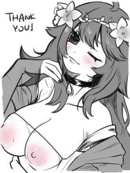 blush breasts_out choker clothes_falling_off hand_on_shoulder long_hair monochrome shoulders smiling snufkinmae winking_at_viewer