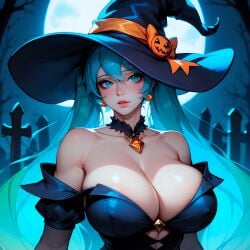 ai_generated blue_eyes blue_hair blush cemetery cleavage eogard_orc halloween_costume league_of_legends massive_breasts moonlight self_upload sona_buvelle stable_diffusion witch_costume witch_hat