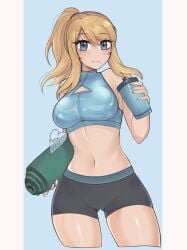 bike_shorts blonde_hair blue_eyes blush bottle breasts cleavage_cutout clothing clothing_cutout crop_top female holding large_breasts long_hair looking_at_viewer medium_breasts metroid midriff mole mole_under_mouth navel ponytail purrlucii samus_aran shirt short_shorts shorts sleeveless smile solo sports_bra standing thighs water_bottle yoga_mat