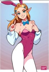 1girls ai_generated bangs bare_shoulders blonde_hair blue_bowtie bobartnsfw bowtie bowtie_collar breath_of_the_wild bunny_ears bunny_girl bunnysuit cuffs_(clothing) elf elf_ears female_focus female_only hair_accessory hairclip leotard long_sleeves medium_hair nintendo pink_leotard playboy_bunny pointing pointing_at_self pointy_ears pose princess_zelda simple_background sleeves small_breasts smile smiling_at_viewer solo solo_female solo_focus stable_diffusion standing tears_of_the_kingdom teeth teeth_showing teeth_visible the_legend_of_zelda tights watermark white_border white_legwear white_sleeves white_tights wide_sleeves zelda_(breath_of_the_wild)