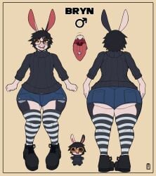 1boy big_ass black_hair bryn_(brynthebun) bunny_boy bunny_ears bunybunyboi character_sheet clothed femboy glasses huge_ass huge_thighs piercing solo thick_thighs tongue tongue_out tongue_piercing