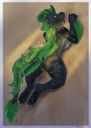 absurd_res anthro aroused black_body breasts claws digital_media_(artwork) dragon female genitals green_hair hair hi_res line_art lying mythological_creature mythological_scalie mythology nude on_front ponynok pussy scales scalie solo toe_claws tongue tongue_out