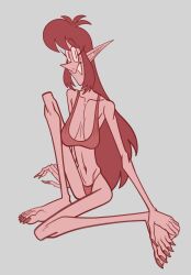 2022 2d_(artwork) barefoot bikini comfysaur female female_only jongrave long_hair_female looking_at_viewer mila_(comfysaur) pointed_ears pointy_nose sitting smiling_at_viewer solo_female swimsuit thin_female troll