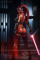 1girls ai_generated bioartoid breasts darth_talon looking_at_viewer looking_back red_body red_skin star_wars thighhighs thighs twi'lek weapon